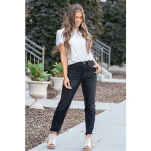Judy Blue High Rise Distressed Hem Cropped Straight Leg Black Jeans 25